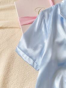 SHEIN 少女纯蓝色简约优雅短裤短袖休闲宽松两件套睡衣 - 藍色 - 查看 5