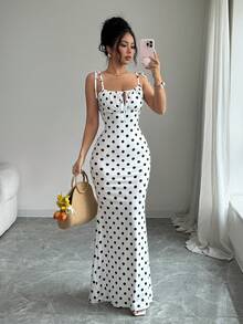 Rafferiza Women's Contrast Color Polka Dot Print Spaghetti Strap Dress - Black and White - View 3
