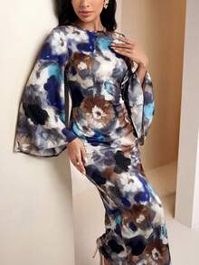 Veilorie 女士优雅印花喇叭袖连衣裙，春季 - 彩色 - 查看 5