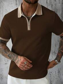 Manfinity CasualCool Áo polo nam tay ngắn có khóa kéo, kiểu dáng thời trang thường ngày. - màu nâu - Xem 4