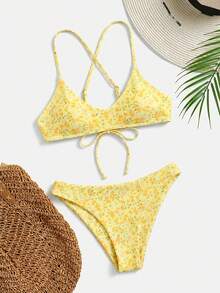 Swim Mod Conjunto de bikini con estampado floral diminuto para vacaciones en la playa - Amarillo claro - Ver 1
