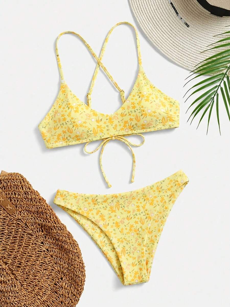 Swim Mod Conjunto de bikini con estampado floral diminuto para vacaciones en la playa - Amarillo claro - Ver 1