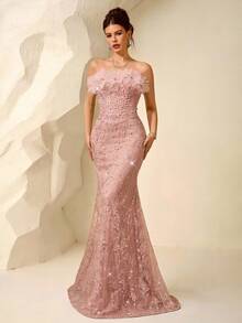 Coutiva Women's Strapless Pearl 3D Floral Fitted Evening Gown,Elegant Pink Sequin Mermaid Formal Dress For Wedding,Gala,Birthday Party & Graduation Ceremony - Pink - View 8