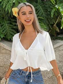 Livesso Women's Solid Color Knotted Deep V-Neck Chiffon Beach Cover-Up, Spring/Summer - White - View 4