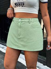 SHEIN ICON Plus Size Slim Fit Solid Color Casual Denim Shorts With Belt Loops, Summer - Mint Green - View 3