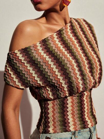 Poéselle Women's Casual Vacation Contrast Color Asymmetric Neck Cinched Waist T-Shirt, Summer Zanea Dress For Woman Yisikado Dress One Shoulder Dresses For Women Zig Zag Dress,Summer Top