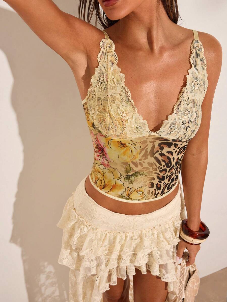 SHEIN BAE Áo hai dây nữ in họa tiết ren phối nhiều mảnh - Màu vàng - Xem 1