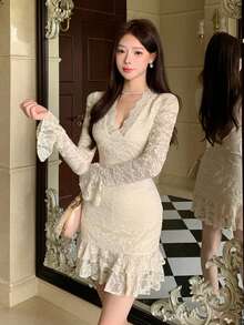 DAZY Đầm ren ngắn kiểu dáng thường ngày dành cho nữ, thích hợp cho mùa xuân và mùa hè. - Màu be - Xem 8