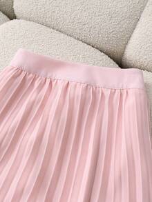 SHEIN Franclia 女士优雅粉色短袖收腰上衣和百褶裙两件套 - 淺粉色 - 查看 5