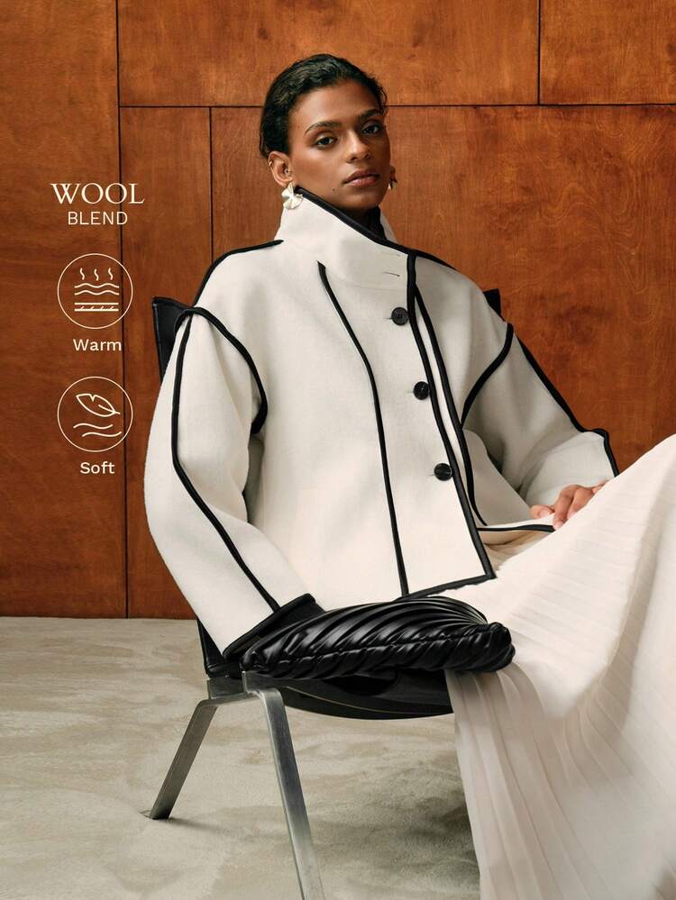 WOOL CONTRAST PIPING HIGH NECK SINGLE BREASTED PLACKET OVERCOAT