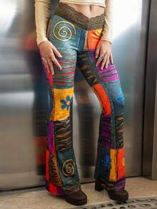 Hariany Almeida Women's Fashionable Retro Contrast Color Block Print Flare Pants - Multicolor - View 5