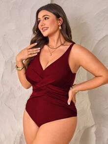SHEIN Swim Chicsea Plus Size Women One-Piece Fitted Gathered Crossover Ruched Adjustable Strap Solid Color Swimsuit - Burgundy - View 5
