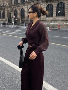 DAZY Conjunto de 2 piezas de top con cuello y mangas abullonadas y pantalones casuales para mujer - Café integral - Ver 4