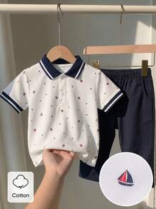 Souflis Souflis 两件套幼儿男童休闲条纹polo衫，纽扣领，松紧腰带口袋裤，适合日常穿着、度假和旅行。 - 彩色 - 查看 2