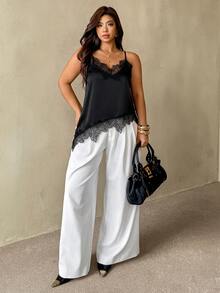 Auralis Plus Size Women's Elegant Sexy Black Lace Trim Camisole Summer Formal Wedding Guest Date Night Evening Night Out Club Vest Asymmetrical Hem Patchwork - Black - View 4