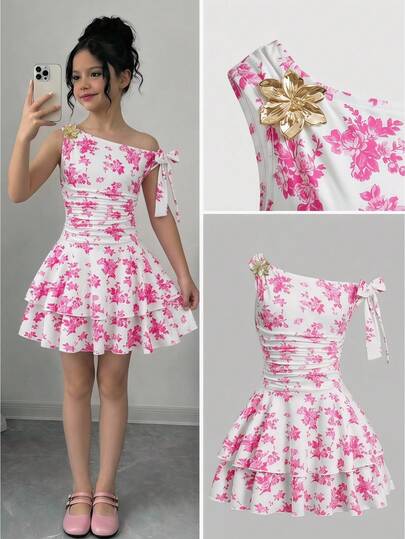 SHEIN Tween Girl Casual Elegant Pink Floral Pattern Sleeveless Asymmetrical Shoulder Asymmetric Neck Metal Rose Decor Ruched Cake Dress, Fancy Princess, Formal Wear, Sibling Outfit, Party Dress, Birthday Sister Outfit, Suitable For Girls Daily Wear, Festivals, Family Gatherings And Special Occasions, Sibling Style Outfit, Spring/Summer, Vacation, Cute, Elegant, Sweet, Retro, Fashionable. Matching Outfits For Mom And Daughter, Sisters