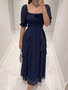 Modelyn Women's Solid Color Minimalist Elegant Casual Long Mesh Dress Party Navy Blue Summer - Blue - View 2