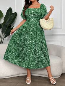 Vionelle Plus Size Women's Ditsy Floral Print Square Collar Buttoned Dress Maxi Women Outfit - Green - View 6