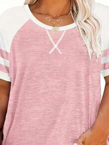 SHEIN CURVE+ Áo thun kẻ sọc cỡ lớn, áo thun cổ tròn tay ngắn kiểu dáng thường ngày, áo thun in hình dành cho nữ cỡ lớn. - Nhiều màu - Xem 3