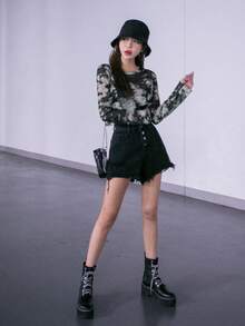 DAZY 扎染透明网眼上衣（无胸罩）外出上衣节日长袖女式上衣，秋季女装短款女式上衣 - 黑與白 - 查看 6