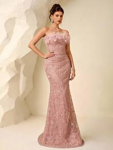 Coutiva Women's Strapless Pearl 3D Floral Fitted Evening Gown,Elegant Pink Sequin Mermaid Formal Dress For Wedding,Gala,Birthday Party & Graduation Ceremony - Pink - View 5