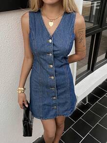 Women's V-Neck Sleeveless Open Front Elegant City Casual Short Denim Dress, Summer - Medium Wash - View 4