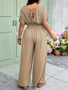 Vionelle Plus Size Women's Khaki Summer Boho Vacation Holiday Deep V-Neck Jumpsuit Knitted Elegant Tie Waist Pleated Loose Casual Countryside Style Brunch - Camel - View 2
