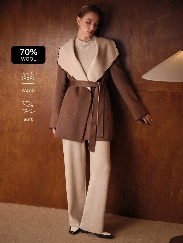 WOOL COLORBLOCK WATERFALL COLLAR OVERCOAT