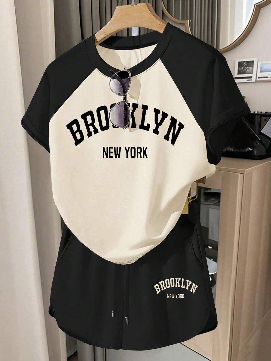 SHEIN Sparklyn Teen Girl Letter Print Color Block Short Sleeve T-Shirt And Shorts Casual Set, Suitable For Spring/Summer Daily, Holiday, Festival - Multicolor - View 1