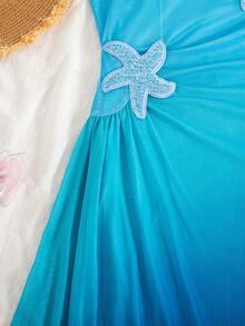 Vestido de niña preadolescente con decoración de estrellas de mar 3D, fruncido y degradado para vacaciones - Azul - Ver 4