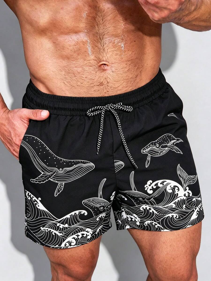 Manfinity KASUA Men's Casual Shark & Wave Print Drawstring Swim Trunks, Holiday - Black - View 1