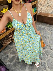 Weeklong Plus Size Women's Casual Vacation Dress With Ruffled Backless, Striped Lemon Print, A-Line, Spring/Summer - Multicolor - View 2