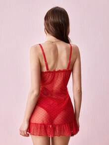 Bonmuse Bộ 2 món đồ ngủ chấm bi gợi cảm dành cho nữ, chất liệu lưới xuyên thấu (kèm quần lót) - Đỏ - Xem 3