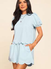 Coeurva Women's Solid Color Woven Loose Shirt & Shorts 2 Pieces Set, Spring/Summer,Summer Outfits For Women - Baby Blue - View 4