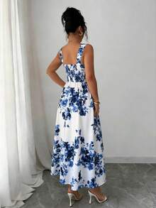 Elenzga Mẫu đầm dài xếp ly thanh lịch, họa tiết hoa mùa xuân/hè mới nhất dành cho nữ. - Xanh và trắng - Xem 2