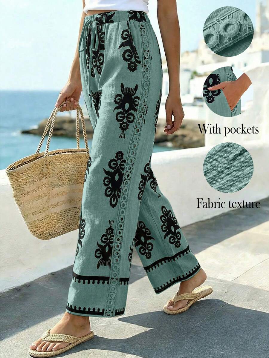 Louniche Women's Simple Geometric Printed Lace Trim Straight Leg Pants, Suitable For Early Spring Vacation - Cadet Blue - View 1