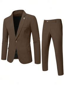 Manfinity Mode Coffee 's 2 Pieces Formal Suit, Solid Color Blazer And Pants Set, Business Casual Autumn Wedding Suit Prom, Simple Fashion Daily Wear Gift, Ceremony - Brown - View 5