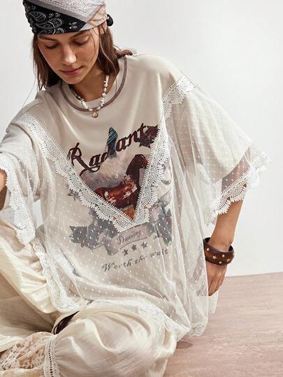 Bohemela Women's Spring/Summer Vacation Knit Short Sleeve T-Shirt Lace Clothes Vintage Clothes