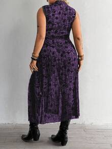 Flirla Dark Asymmetrical Pattern Dress With High Slit And Sheer Details - Purple - View 2