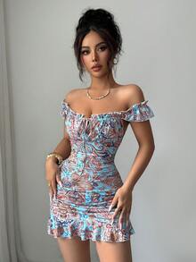 VaVaBold Women's Fashion Floral Print Sexy Ruffle Hem Dress - Blue - View 6