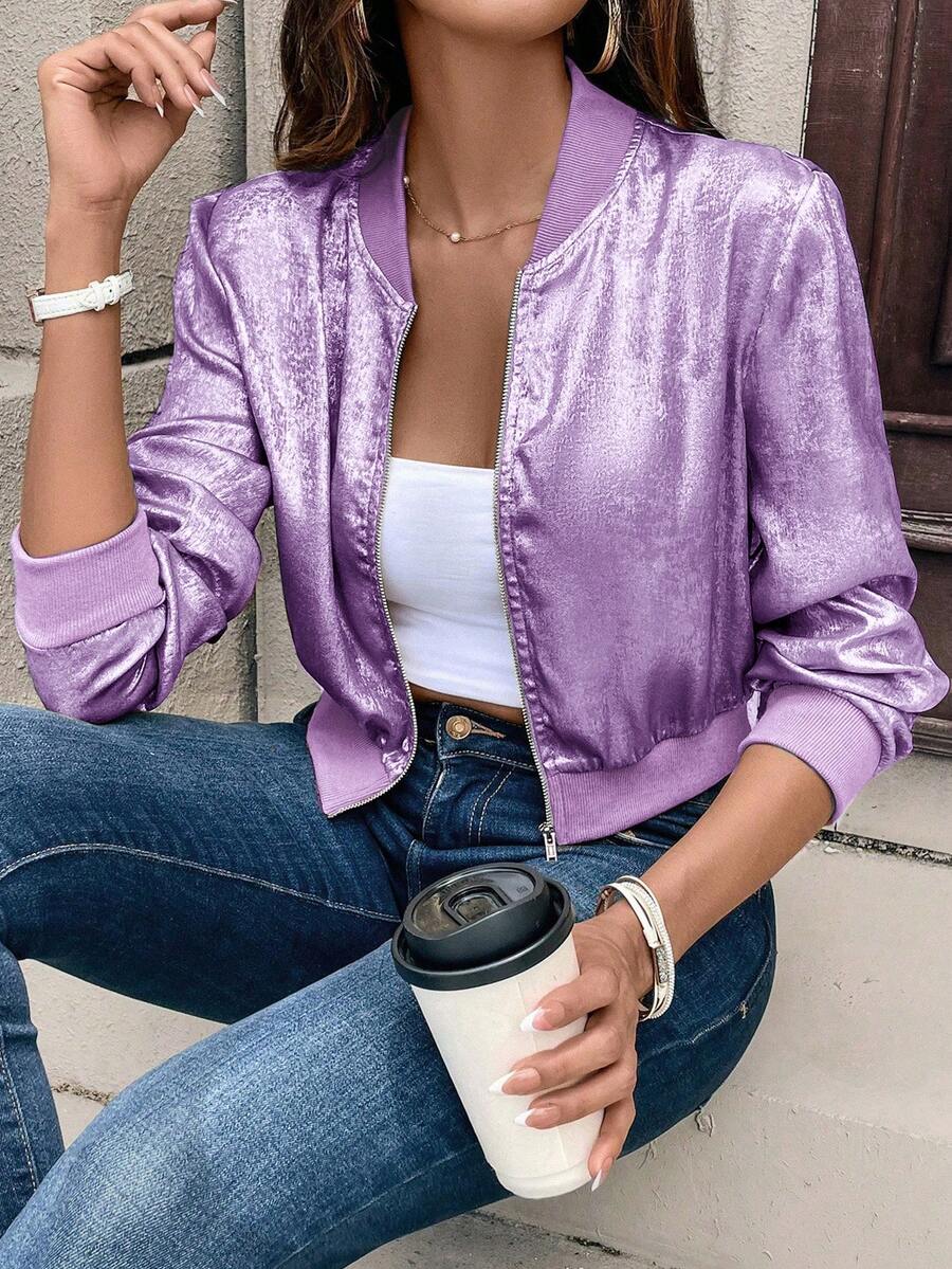 EMERY ROSE Chaqueta de béisbol con cremallera metálica dorada y puños acanalados, nueva para otoño, de corte slim, elegante y versátil, cárdigan corto para ropa de fiesta de Año Nuevo - Morado - Ver 1