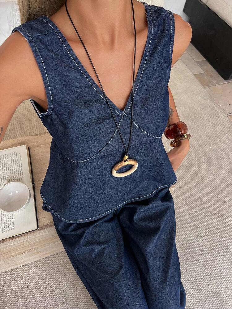 Women's V-Neck Sleeveless Tank Top And Loose Wide-Leg Jeans Casual Vacation Suit Summer