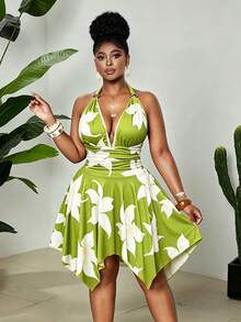 Maweii Plus Size Women Floral Print Deep V-Neck Vacation Dress - Multicolor - View 6