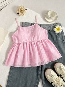 Tween Girls Summer New French Retro Pink Adjustable Shoulder Strap, Waist Cinched, Ruffle Hem, Versatile Cute Crop Cami Top - Pink - View 1