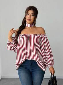 SHEIN Elenzya Áo kiểu mùa hè cỡ lớn mới, hở vai, kẻ sọc, thiết kế kiểu Pháp Niche, tay áo cánh hoa. - Đỏ - Xem 1