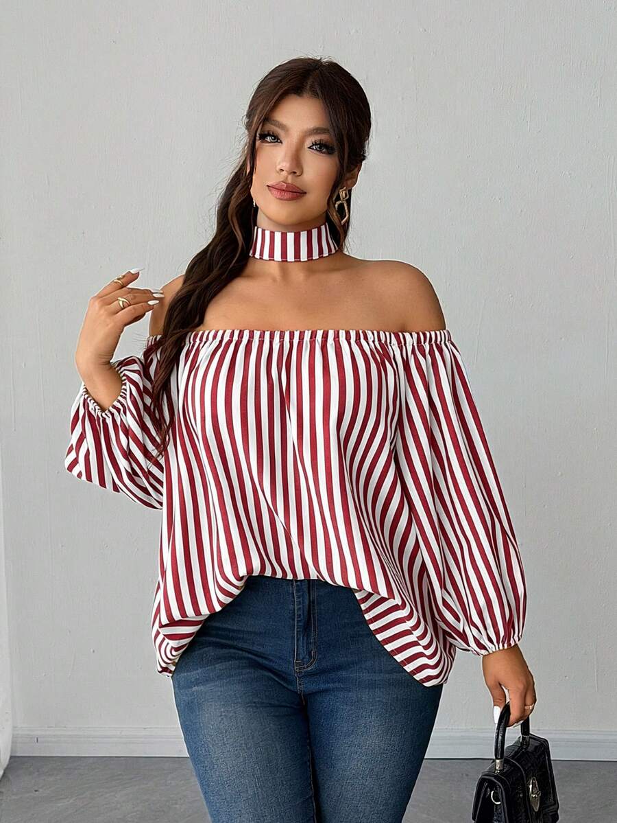SHEIN Elenzya Áo kiểu mùa hè cỡ lớn mới, hở vai, kẻ sọc, thiết kế kiểu Pháp Niche, tay áo cánh hoa. - Đỏ - Xem 1