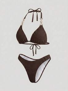 Sweetra Femmes Maillot de bain 2 pièces bikini sexy avec col ras-du-cou et nœud, couleur unie, pour l'été et la plage - Acajou - Voir 5