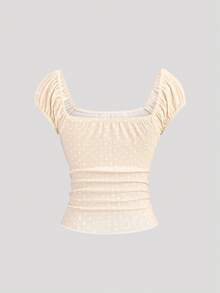 Sweetra Square Neck Polka Dot Print Knit Top With Bow Tie, Cute & Sweet, Rib Trim Splice Bodycon T-Shirt, Spring/Summer - Apricot - View 2