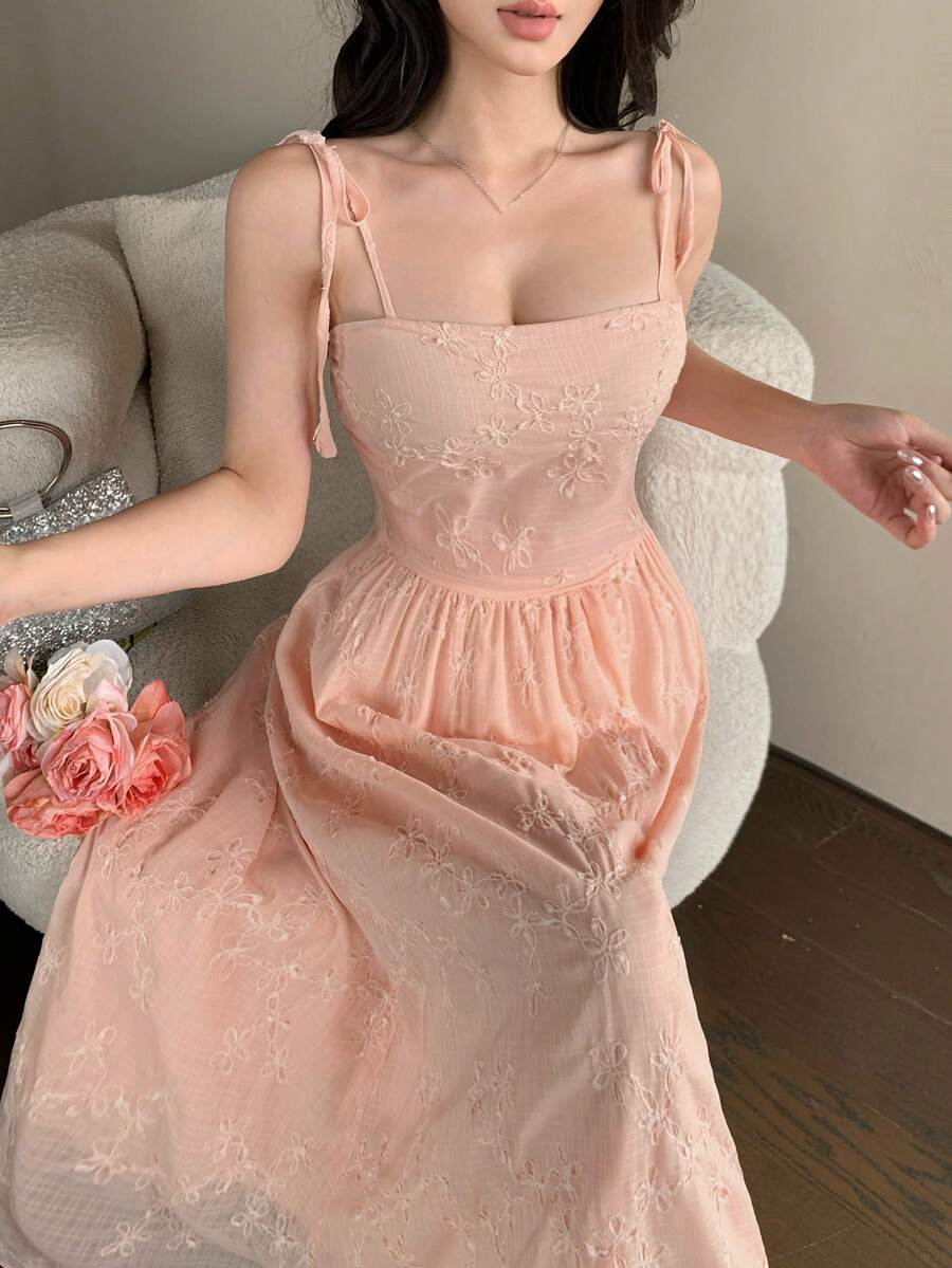 DAZY Spring & Summer Sexy Spaghetti Strap Waist Cinched Lace Textured Fabric Long Dress For Women, Pink - Pink - View 1