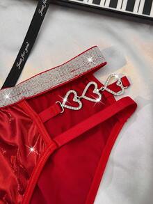 Tanga de mujer con cadena de strass con forma de corazón, ropa interior tipo tanga con cinta brillante de plata - Rojo - Ver 5
